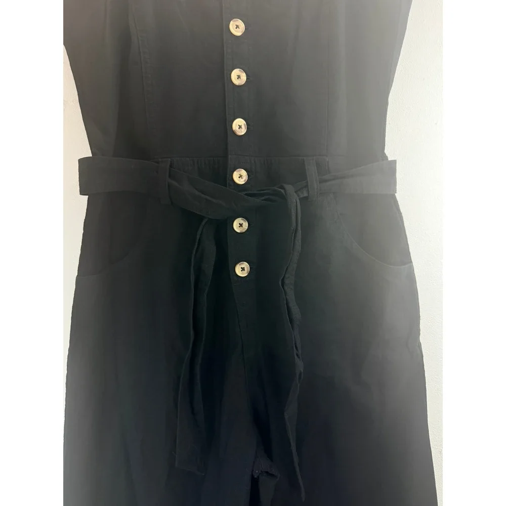 Billabong Black Button Front Wide Leg Jumpsuit Cropped Linen‎ Belted Sz M Beachy